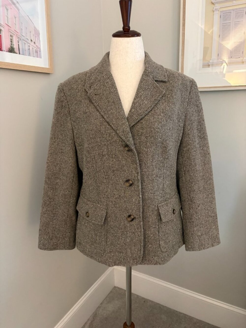Vintage LL Bean L Petite Wool Silk Herringbone Blazer Jacket Gray Career USA